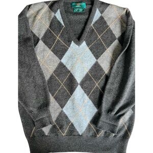 Alan Paine 100% Wool Gray Blue Argyle Sweater Made in U.K. Size Medium